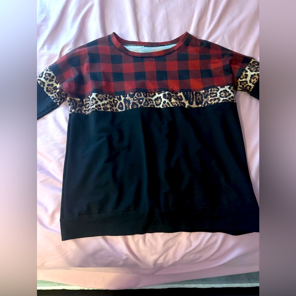 Crazy Train Red and Black Sweatshirt with Plaid and Floral Design